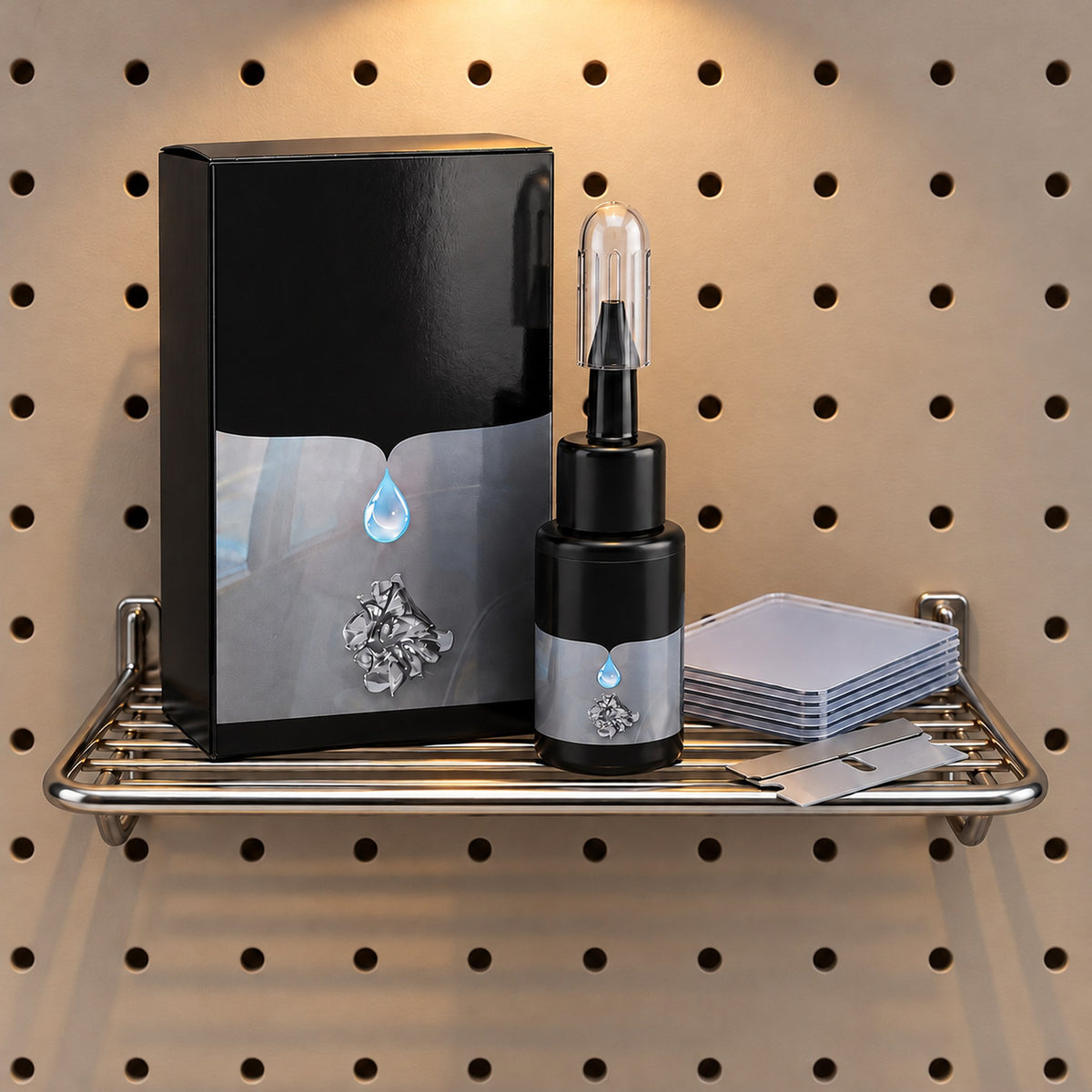 Chipmend windshield repair kit box, resin bottle, film squares and razor blade on a pegboard wire shelf