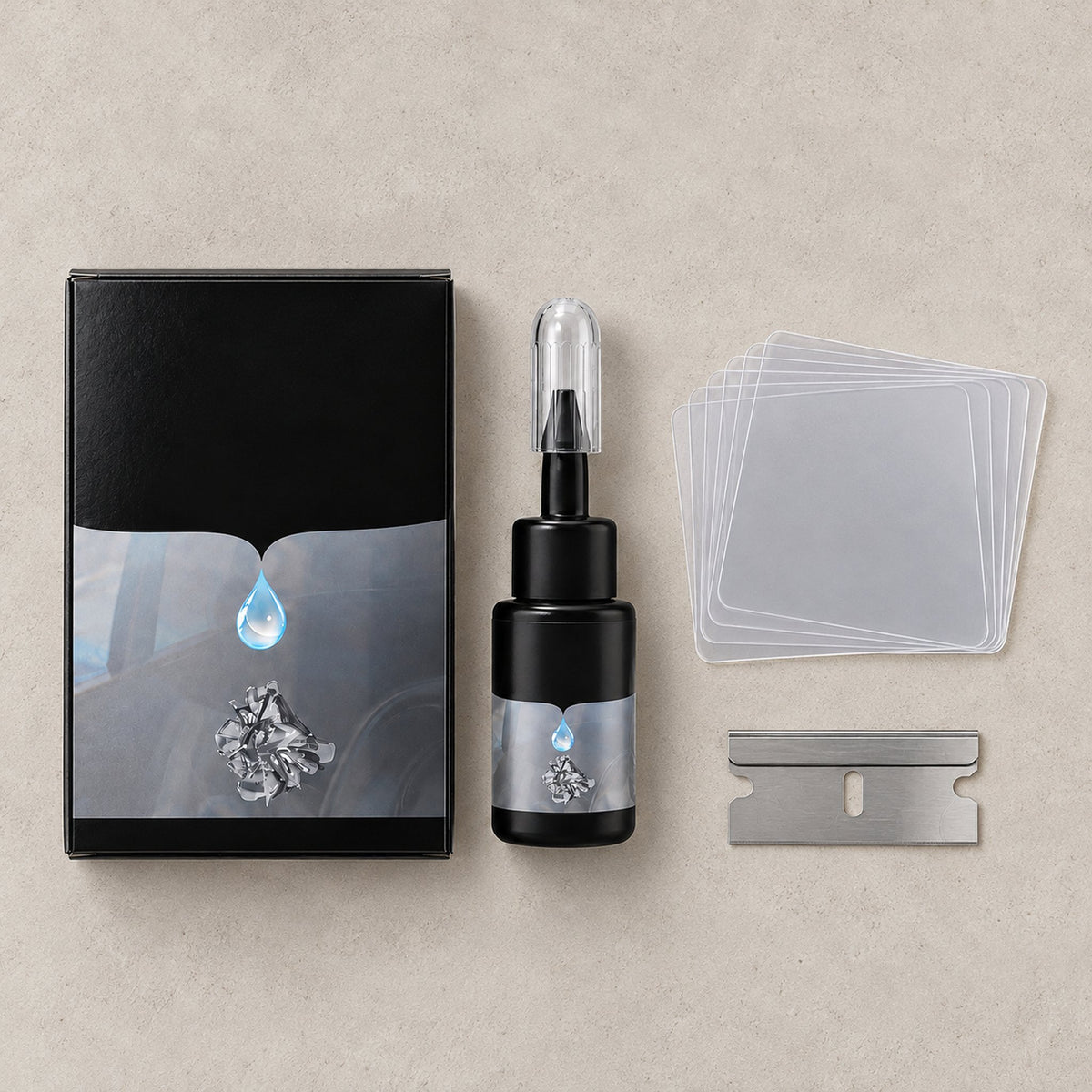 Chipmend kit laid flat: the box, a resin bottle with nozzle and cap, a stack of clear film squares and a razor blade, as shown in the photo