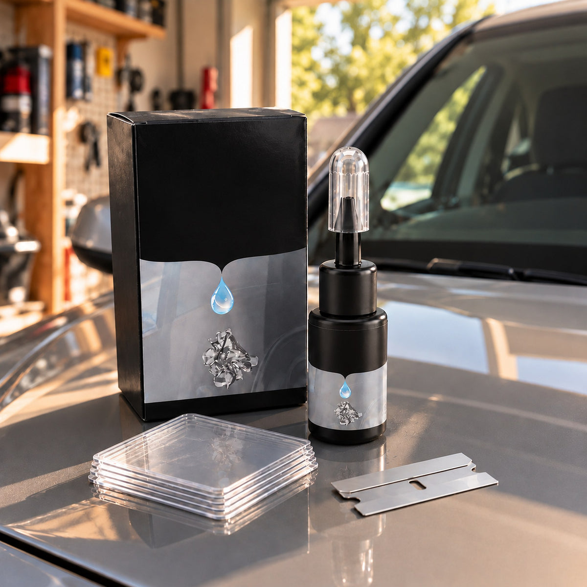 Chipmend windshield repair kit box, bottle, film squares and blade on a car hood in a home garage