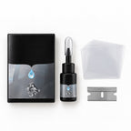 Chipmend packshot on white: box, resin bottle, clear film squares and a razor blade, as pictured