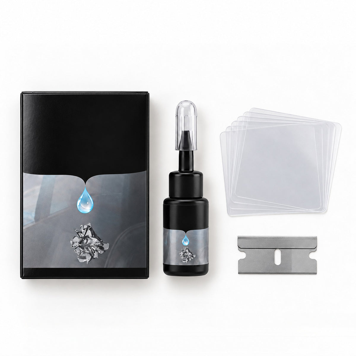 Chipmend packshot on white: box, resin bottle, clear film squares and a razor blade, as pictured
