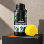 Lensmith headlight polish bottle and yellow sponge on a black display stand