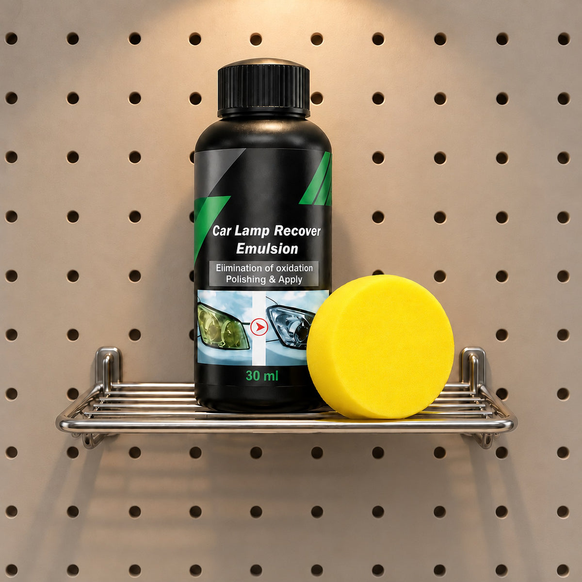 Lensmith headlight polish bottle and sponge on a pegboard shelf