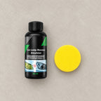 Lensmith kit laid flat on stone: a 30 ml polish bottle and a round yellow sponge pad, as shown in the photo