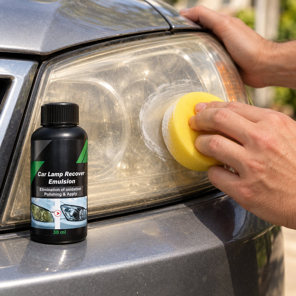 Hand working the yellow sponge over a car headlight with the Lensmith bottle beside it
