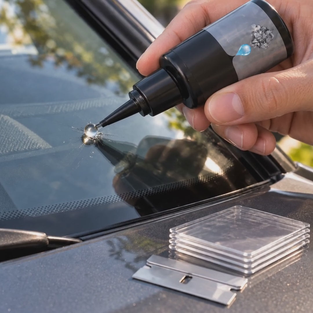 Looping video: a hand holds the Chipmend resin bottle nozzle to a small windshield chip, film squares and blade on the hood