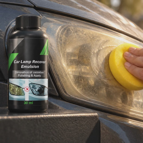 Looping video: a hand polishing a car headlight with the Lensmith sponge, bottle beside it